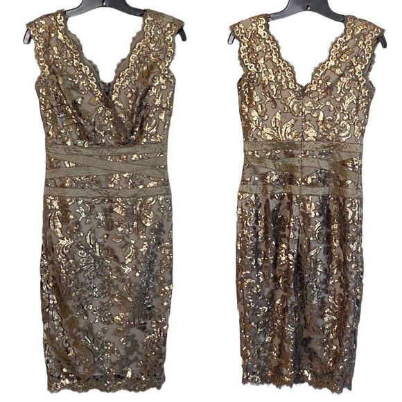 Tadashi Shoji Lace Gold Sequin Overlay Taupe Smoked Pearl Cocktail Dress Sz 2 - Picture 3 of 16